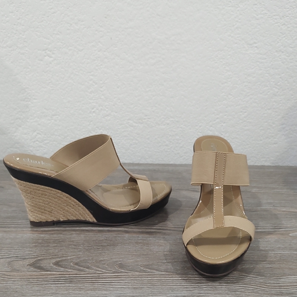 New Charles David Nude Tan High Wedge Heel Slip On Platform Sandals Shoes 9